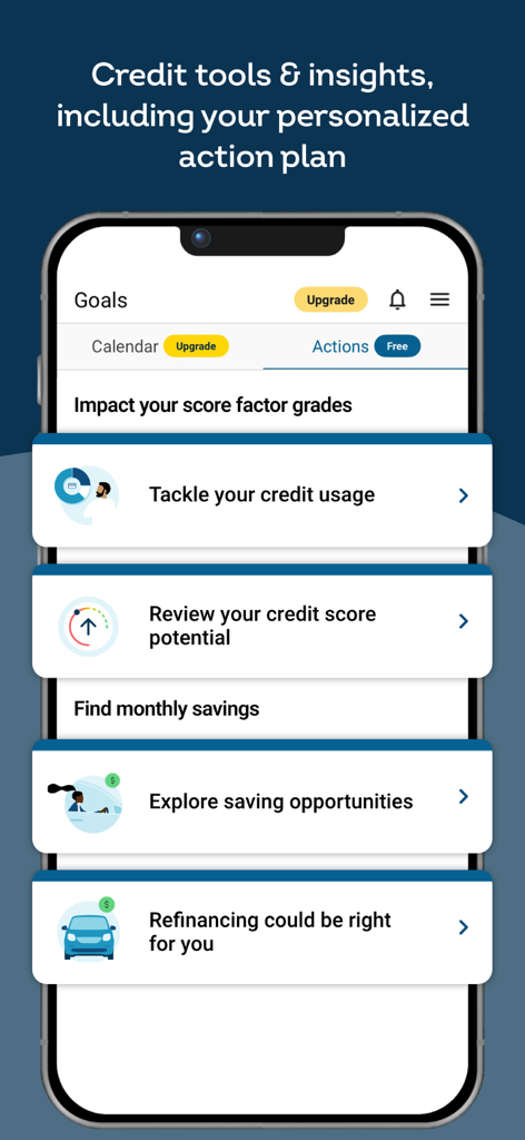 TransUnion® - TransUnion mobile app interface showing a personalized credit action plan with goals for credit usage and refinancing insights