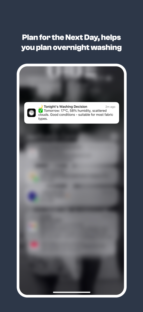 Washcast - Washcast smartphone notification providing a laundry recommendation and weather forecast for the next day.