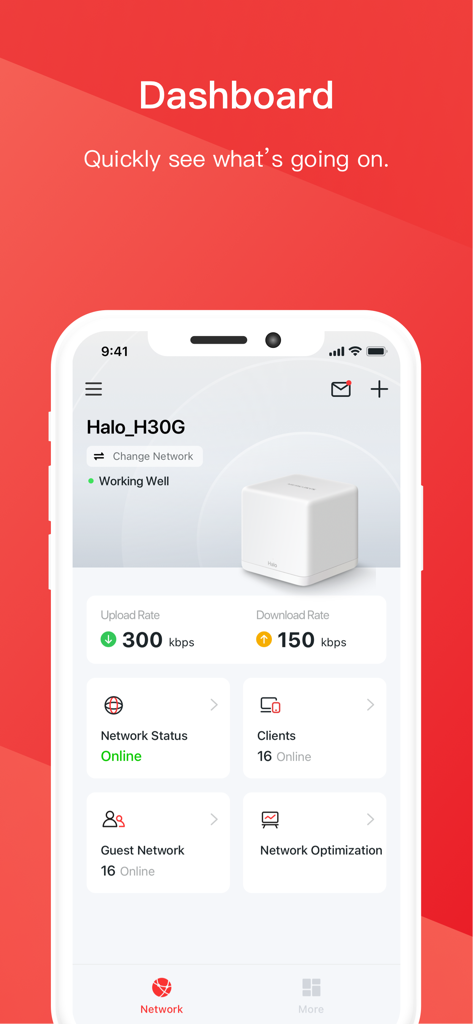 The Mercusys app dashboard displaying real-time network status, upload and download rates, and connected device information.