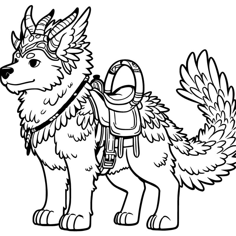 a large canine like creature with dragon horns and a feathery tail wearing a saddle on its back
