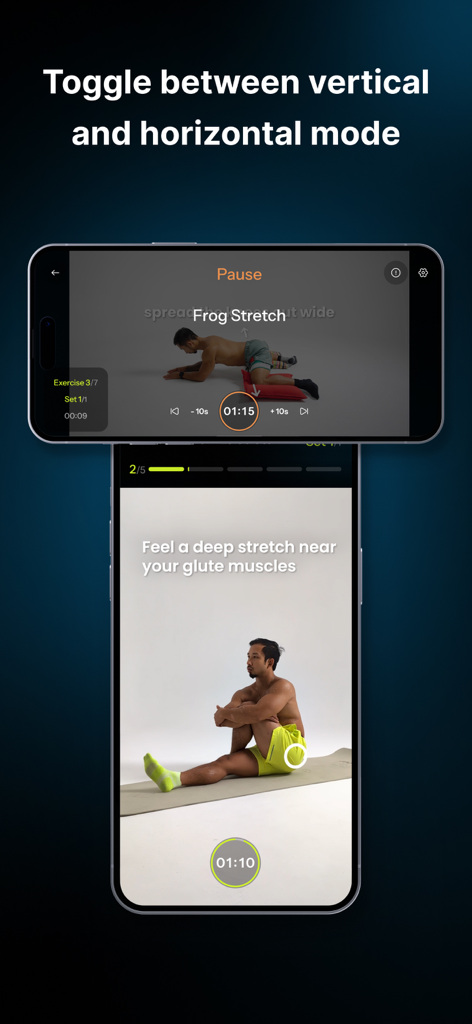 Smartphone screens showing Limber stretching app in vertical and horizontal viewing modes