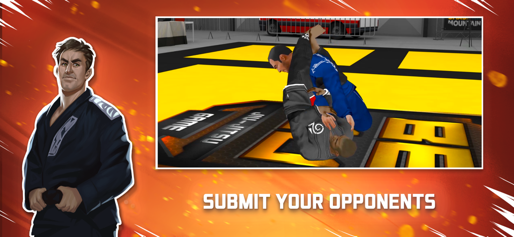 A character performing a jiu-jitsu submission on a mat in the BeJJ strategy mobile game