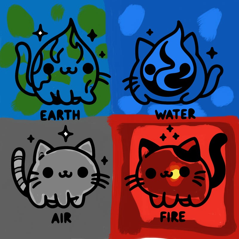 4 cats that represent the different elements, earth, water, air, and fire