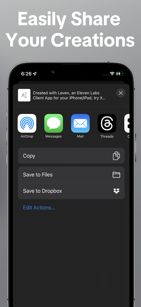 Leven AI Voice Generator Text - Menú de compartir de la aplicación Leven AI que muestra opciones para exportar grabaciones de voz a diferentes aplicaciones y archivos.