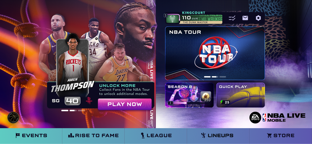Menu principal do jogo NBA Live Mobile apresentando modos de jogo como NBA Tour e várias cartas de jogadores