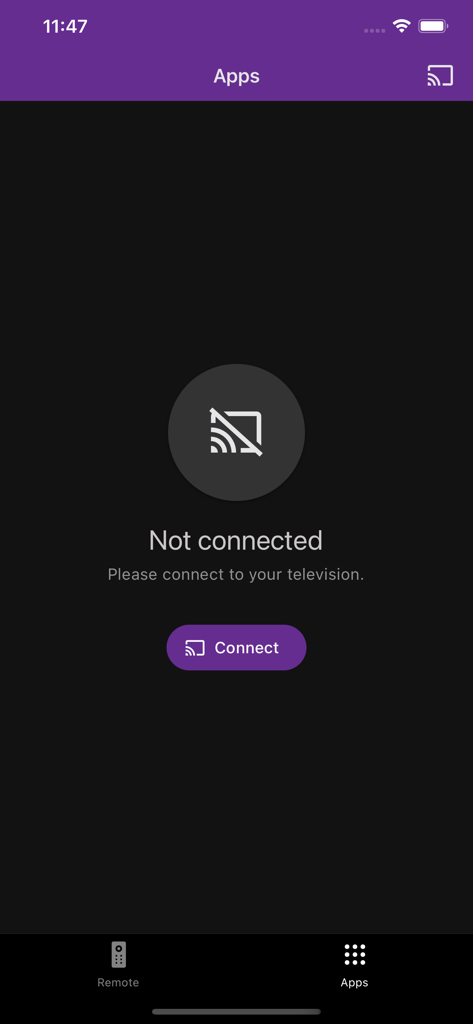 Interfaz de la aplicación Control Remoto TV Universal mostrando una indicación para conectarse a un televisor