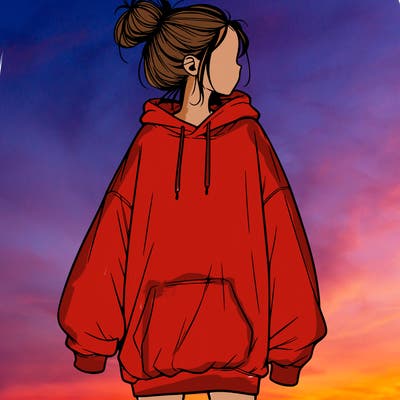 realistic girl with a oversized sweatshirt on and a bun