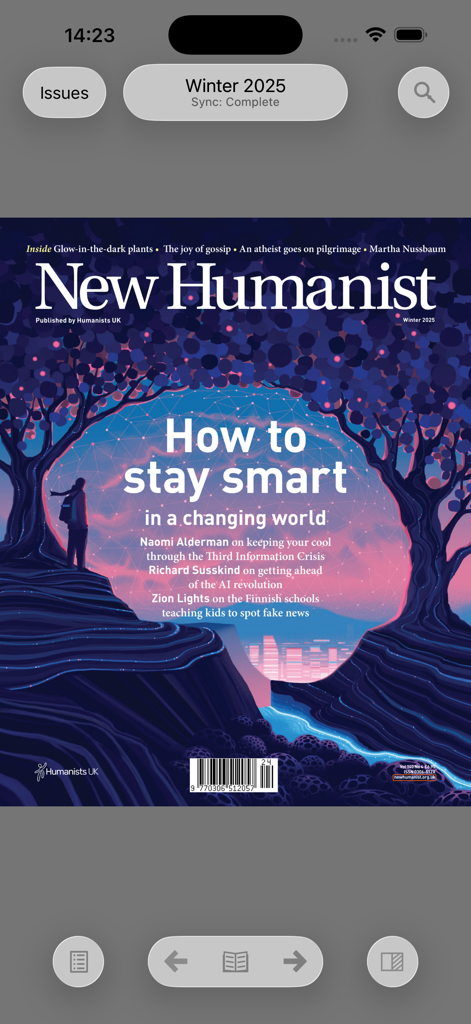 New Humanist - La couverture de l'édition hiver 2025 du magazine New Humanist affichée dans une application mobile.