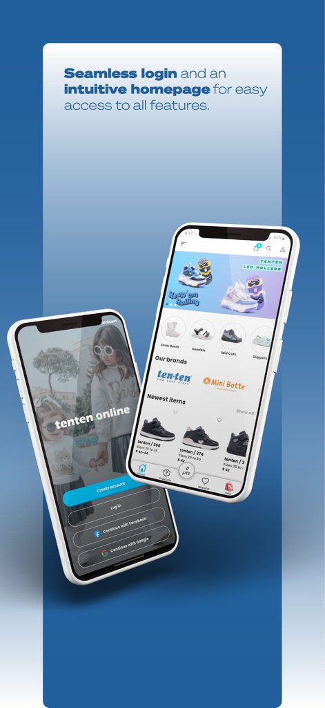 Tenten Online - La aplicación móvil Tenten Online mostrando una pantalla de inicio de sesión fluida y una página de inicio intuitiva con una variedad de zapatos para niños.