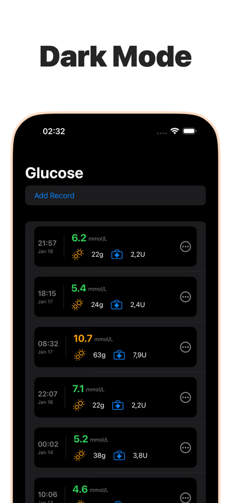 Blood Sugar Monitor & Glucose - GlucoseGuard mobile App-Oberfläche, die Blutzucker- und Insulinprotokolle im dunklen Modus anzeigt