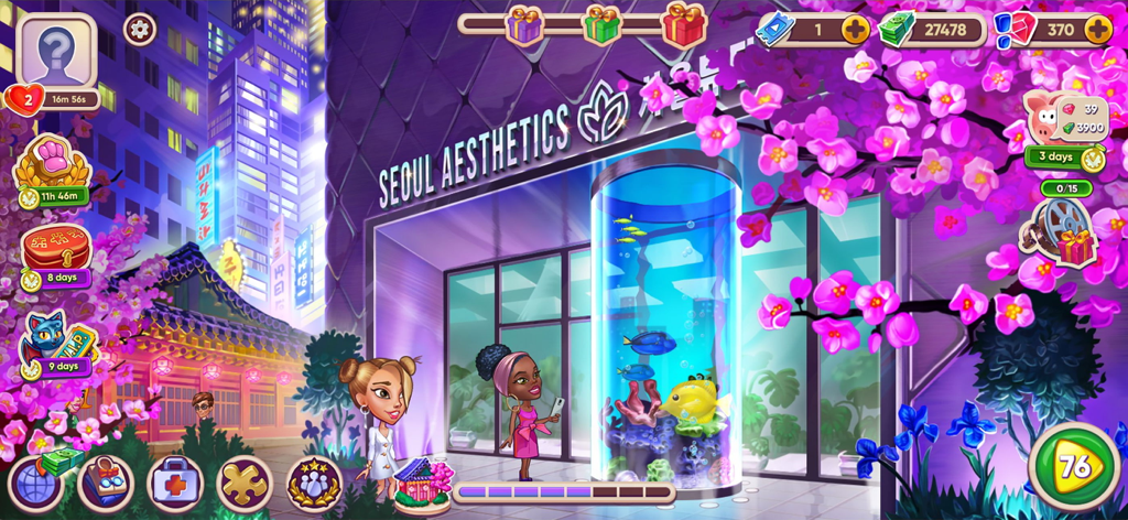 Uma vista externa vibrante da clínica de estética de Seul em Doctor Dash 2, com flores de cerejeira e um grande aquário de peixes.