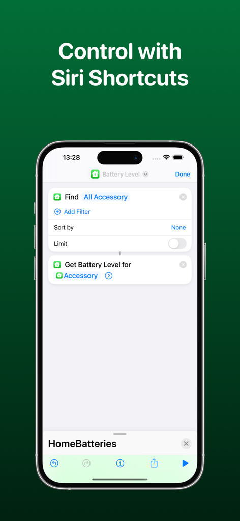 HomeBatteries for HomeKit - HomeBatteries app showing Siri Shortcuts integration on an iPhone
