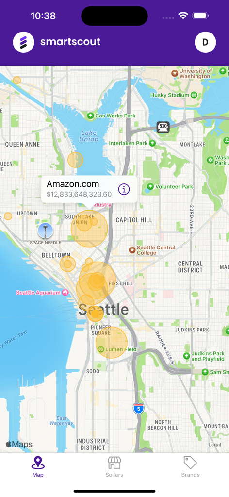 SmartScout - SmartScout app map view showing Amazon seller revenue data in Seattle.