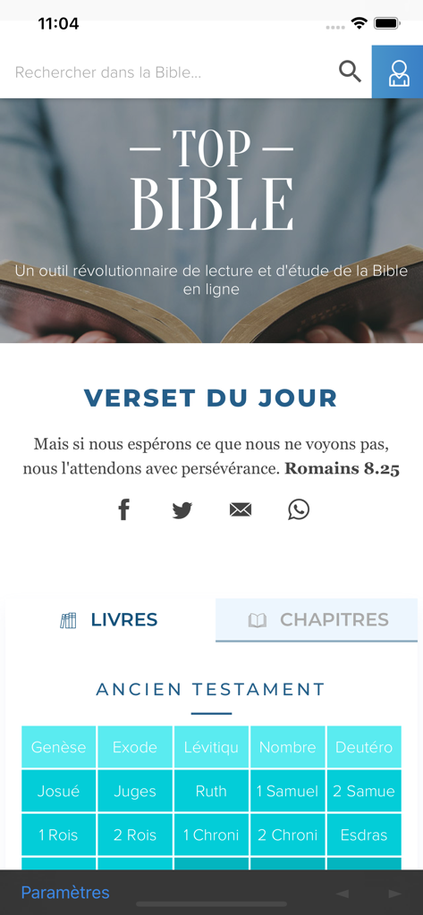 TopBible - TopBible app home screen featuring the verse of the day and a grid of Old Testament books for study
