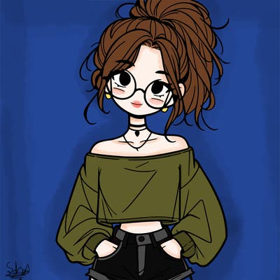 girl with a messy ponytail glasses a baggy crop top and jean shorts