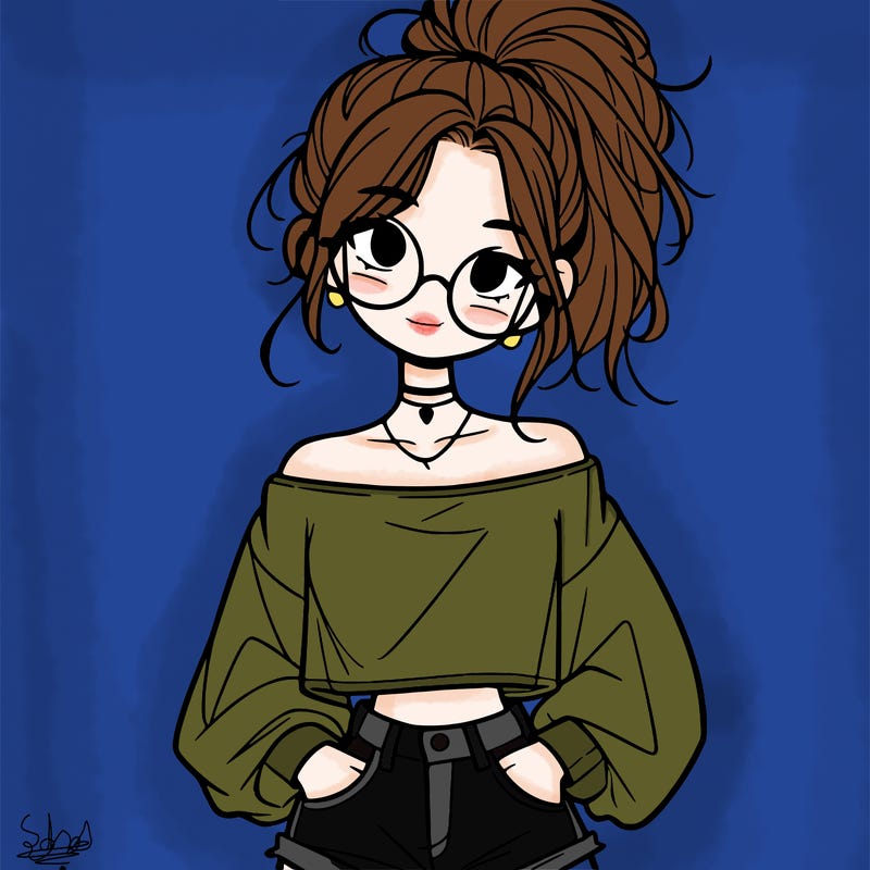 girl with a messy ponytail glasses a baggy crop top and jean shorts