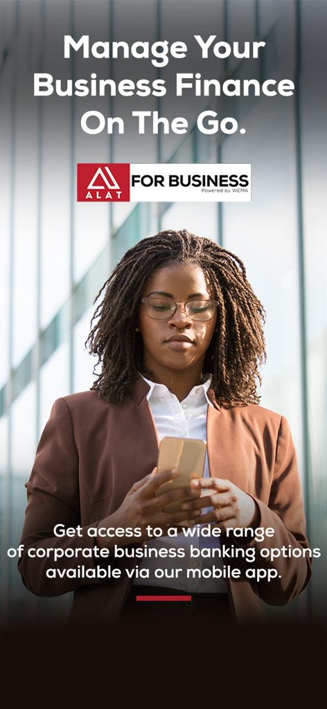 ALAT FOR BUSINESS - Business professional using ALAT FOR BUSINESS app on smartphone for corporate banking