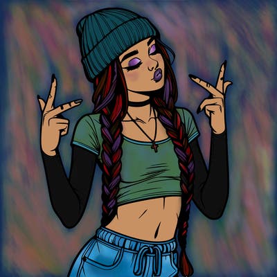 realistic teenage girl with braids and a beanie and crop top doing 🫶🏼