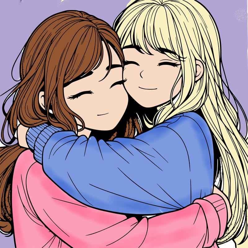 realistic two girls hugging