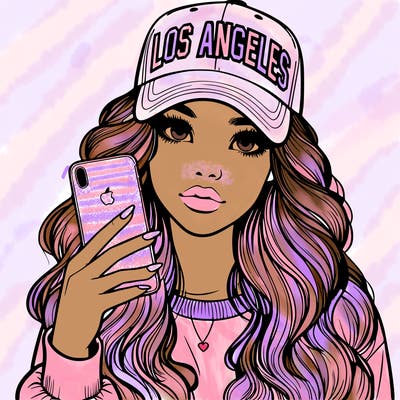 realistic beautiful girl wearing los ángeles cap holding an iphone