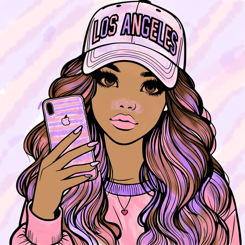 realistic beautiful girl wearing los ángeles cap holding an iphone