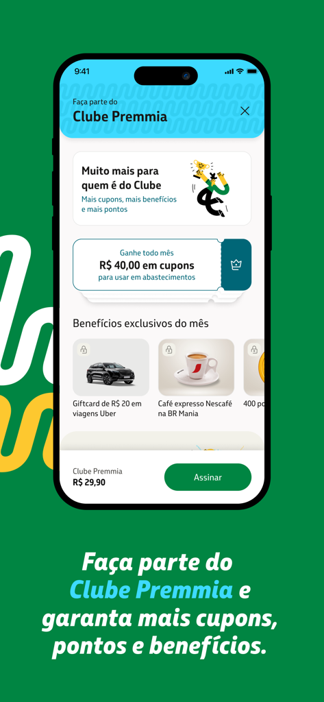 Mobile app screen for Clube Premmia showing subscription benefits and fuel coupons