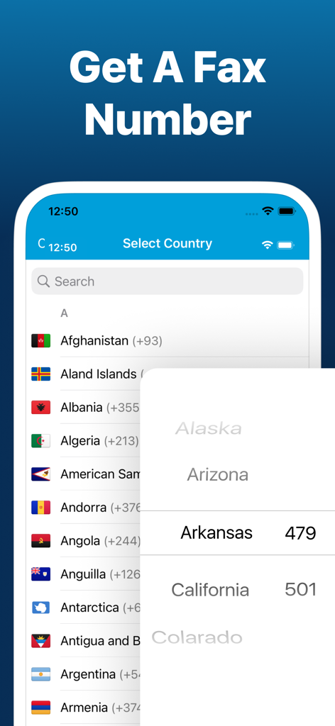 iFax App Send Fax From iPhone - 個人FAX番号を取得するために、iFaxアプリ内で国と米国の州の市外局番を選択