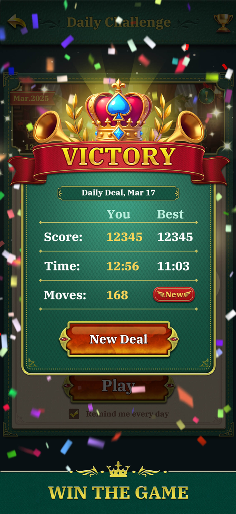 Victory screen in Deluxe Solitaire showing score, time, and moves after a daily challenge win.
