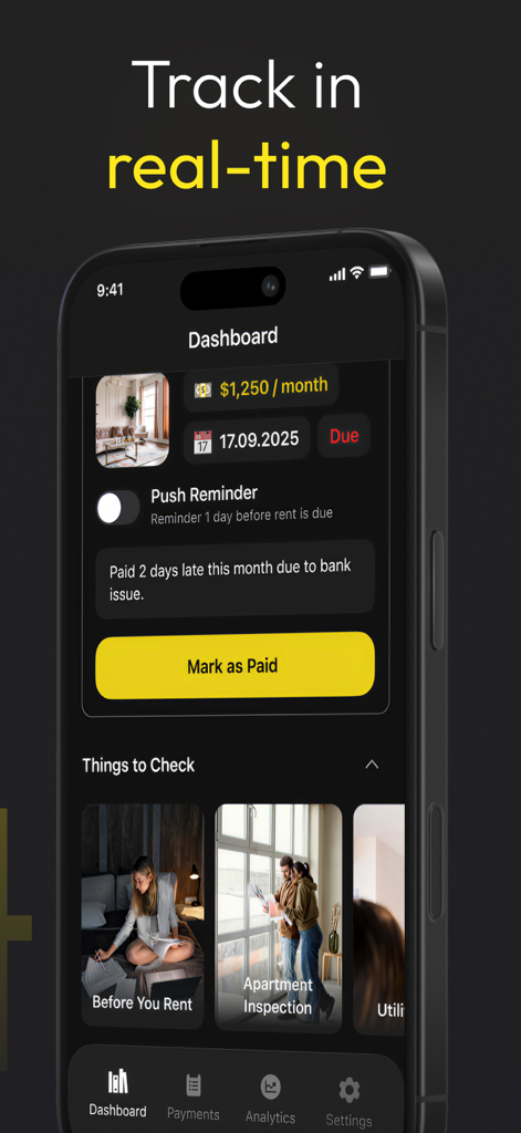 Exness RentPay App-Dashboard mit Angabe des Fälligkeitstermins für die Monatsmiete und Zahlungserinnerungen