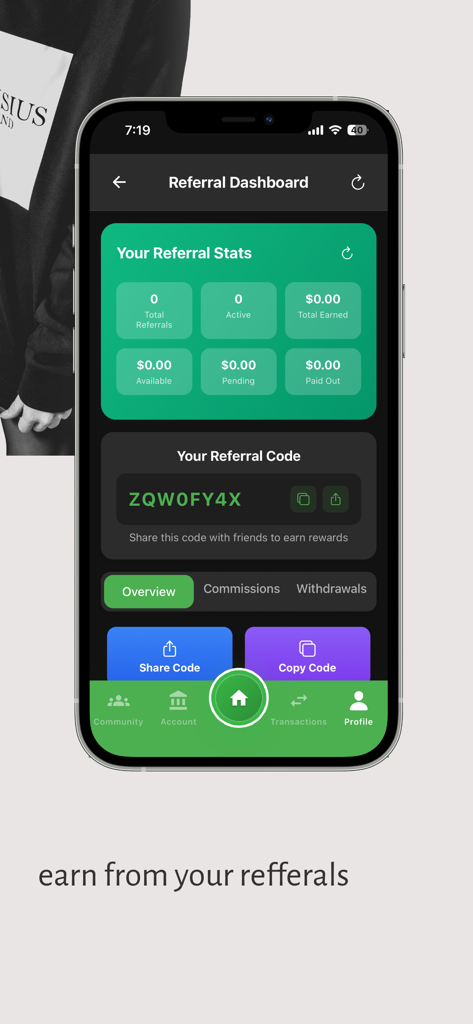 Hoopay Wallet - The referral dashboard screen of the Hoopay Wallet app displaying referral statistics and a unique shareable referral code.