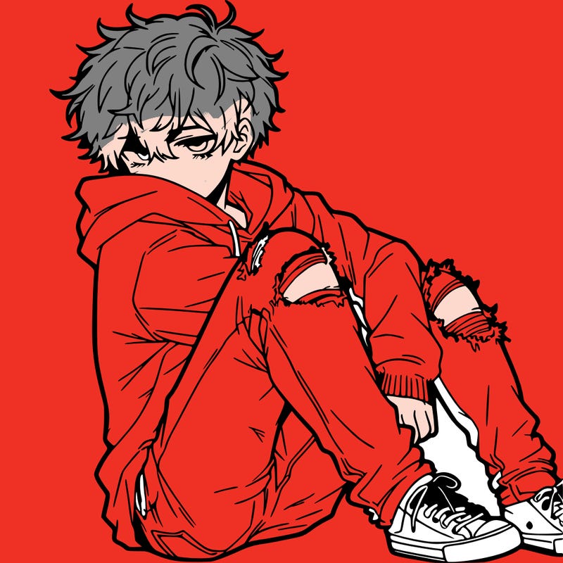 a male hoddie ripped jeans messy hair anime