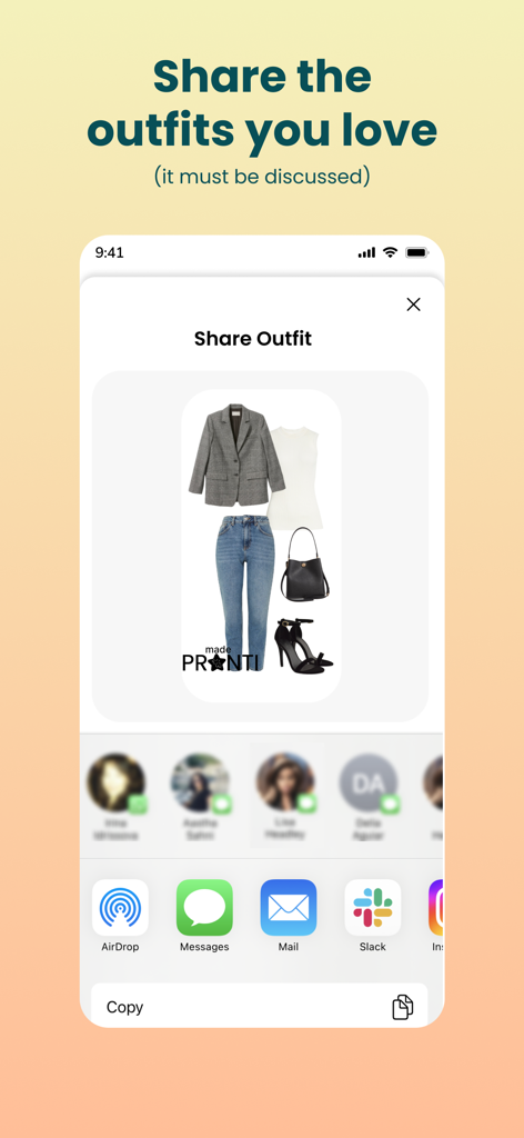 Outfit Maker - Pronti AI - Pronti AI app interface for sharing a curated outfit across various social and messaging platforms