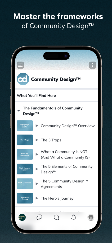 Mighty Pro - Mighty Pro app interface showing the fundamentals of community design modules
