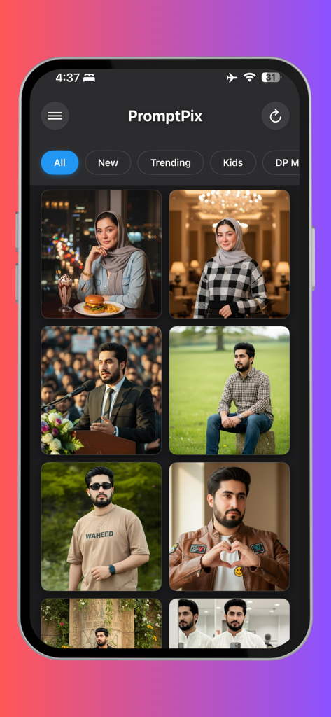 PromptPix -AI Prompt Generator - PromptPixという名前のモバイルアプリのインターフェース、ポートレートを含むAI生成画像のフィードとカテゴリナビゲーションメニューを表示しています