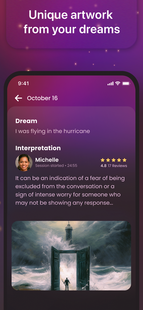 Dream Book: Journal & Analysis - Una entrada del diario de sueños con una interpretación profesional y una obra de arte personalizada de IA de una persona ante una puerta en un mar tormentoso.