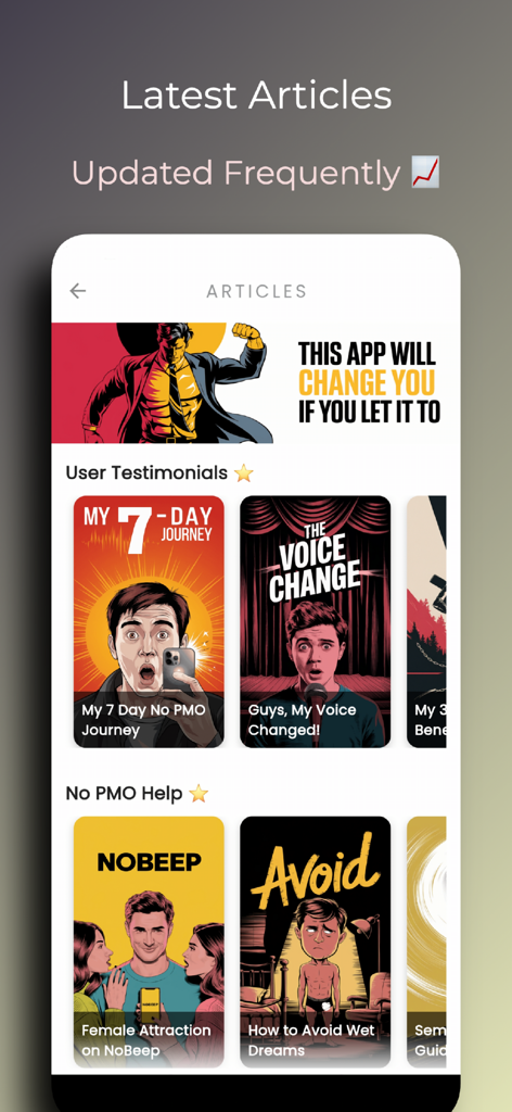 Una pantalla de aplicación móvil que muestra artículos de superación personal y testimonios de usuarios en NoBeep