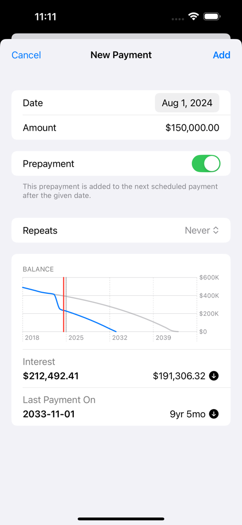 Amortization - Loan Calculator - Screen from the Amortization app showing the financial impact of a large prepayment on a mortgage schedule