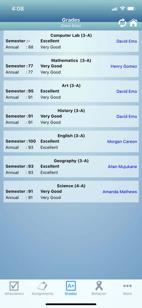 COOLSIS Family Access - Mobile app screenshot showing a list of student subjects with semester and annual grades