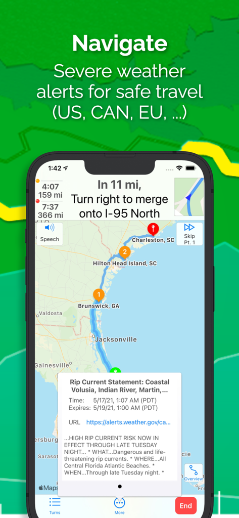 iPhone上のinRouteアプリナビゲーション画面。フロリダからサウスカロライナへの海岸ルートが表示され、離岸流に関する悪天候アラートポップアップが表示されています。