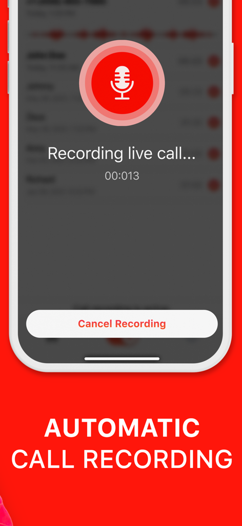 Phone Call Recorder Record ACR - Interfaz de la aplicación Grabadora de Llamadas Telefónicas que muestra una llamada en vivo siendo grabada automáticamente