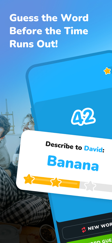 Charades - Explosive Seconds - Mobile game screen showing a word guessing round for the word Banana with a countdown timer.