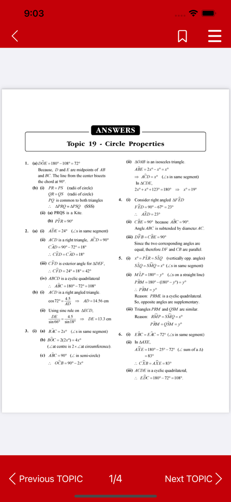 Clé de réponses pour le sujet des propriétés des cercles dans l'application d'étude Redspot eBooks