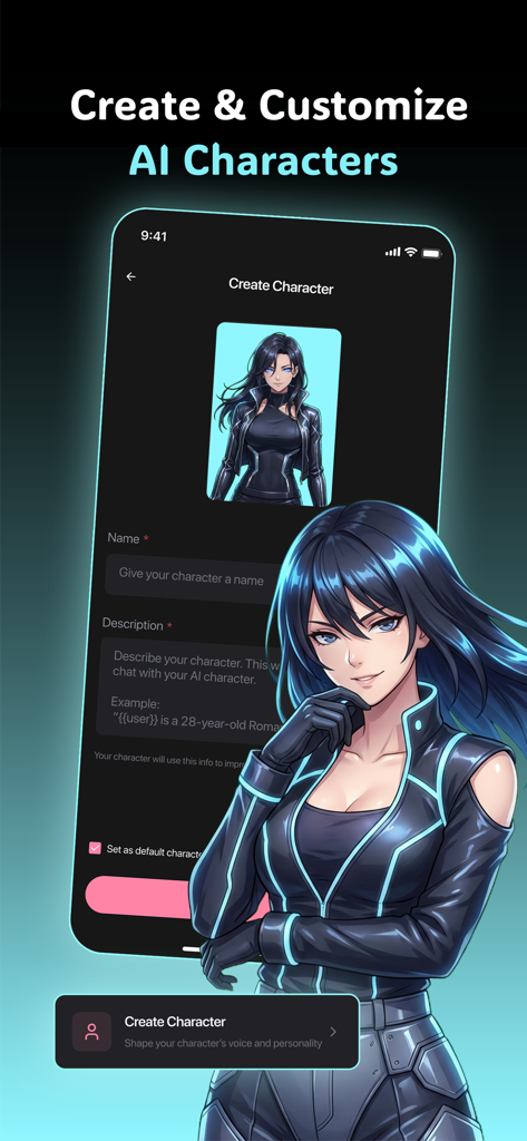 Spark – AI Roleplay Chat - Spark app interface for creating and customizing a new AI character with an anime illustration