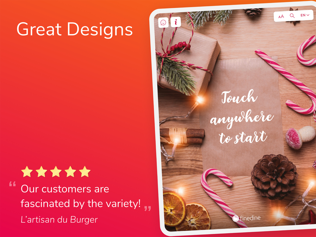 FineDine Tablet Menu App - A tablet screen displaying a festive digital restaurant menu with a touch to start prompt and a customer review