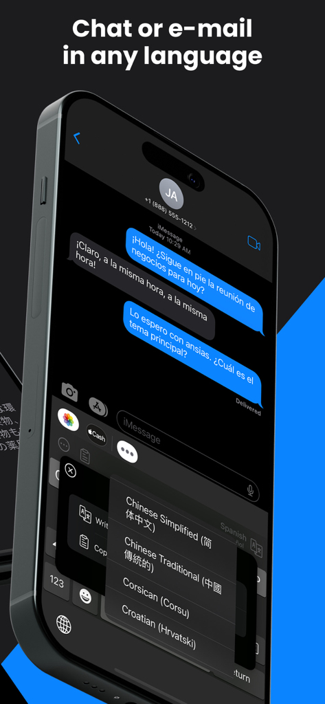 Kate • Keyboard Translator - iPhone displaying a Spanish conversation in iMessage using the Kate keyboard translator with language selection active