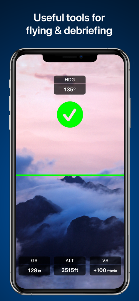 Écran de smartphone affichant les outils de vol RunwayMap avec superpositions de données d'altitude et de vitesse