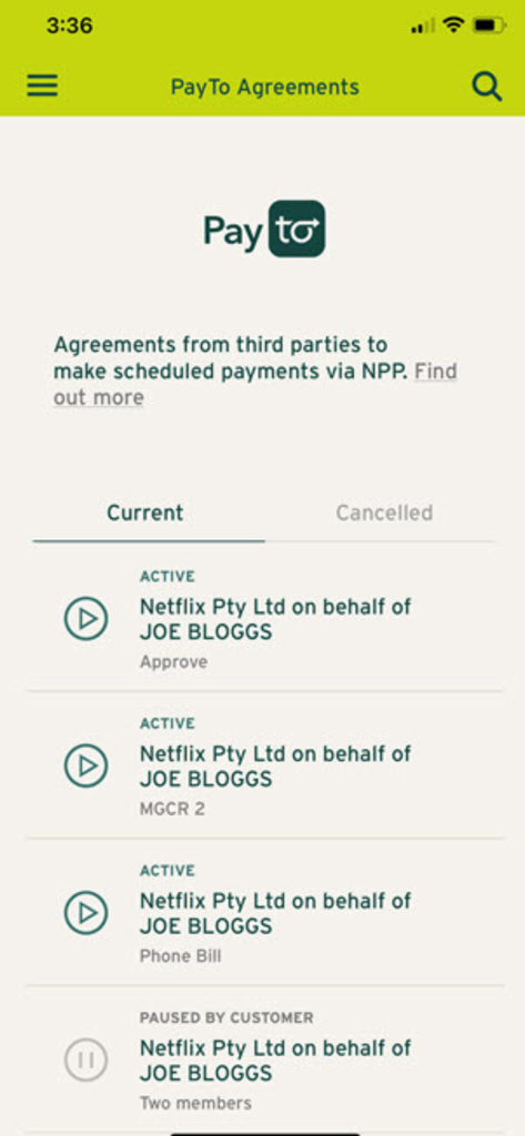 People's Choice mobile banking app screen showing a list of active and paused PayTo payment agreements