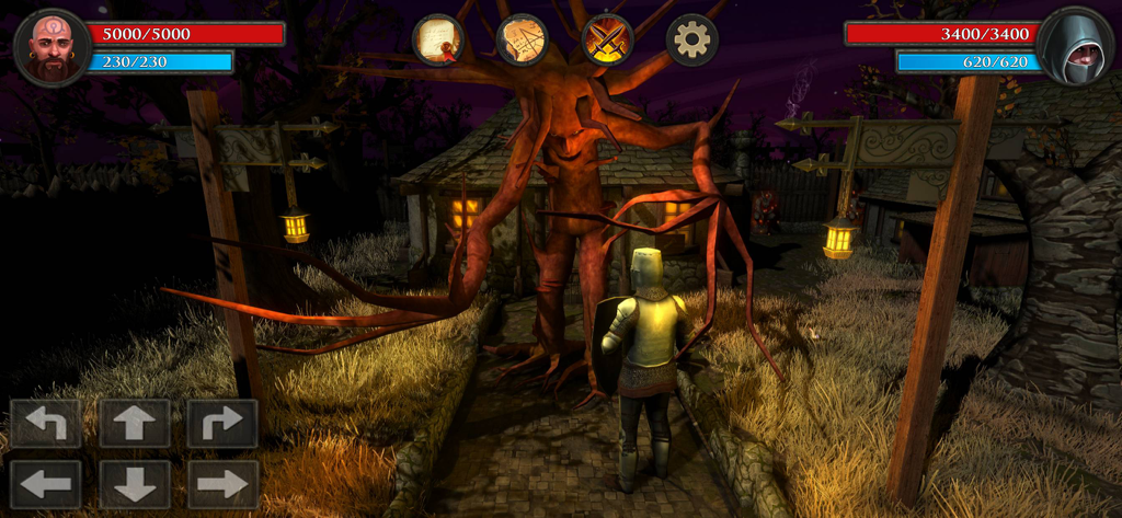 Ein Ritter, der einem riesigen, empfindungsfähigen Baummonster in einem dunklen Fantasy-Dorf im Spiel Moonshades RPG gegenübersteht.