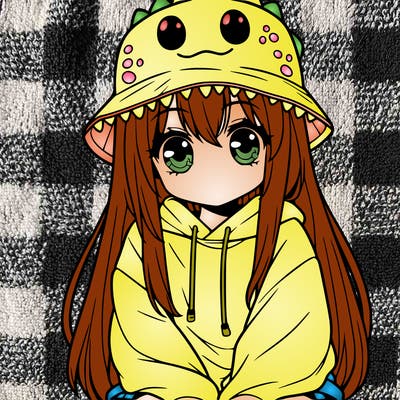 girl with anime shaped eyes with a dinosaur bucket hat oversized sweatshirt long straight hair