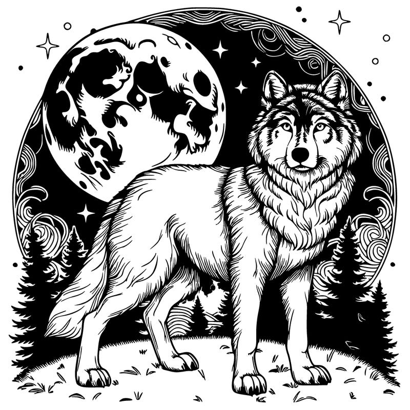 realistic wolf with moon